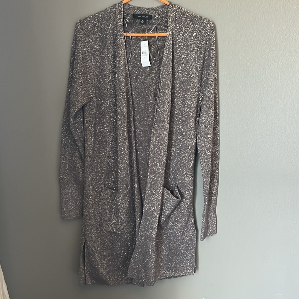 Ann Taylor Shimmer Open Front Cardigan